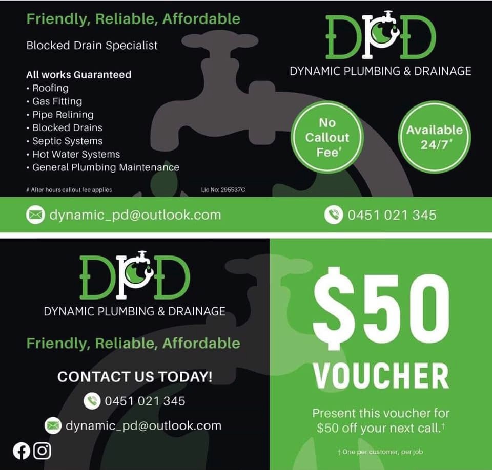 The 2019 Dynamic Plumbing & Drainage flyer with a $50 voucher